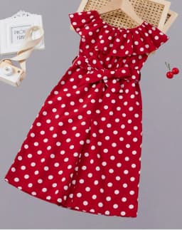 Girls' retro red and white polka dot dress - bow belt design