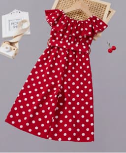 Girls' retro red and white polka dot dress - bow belt design