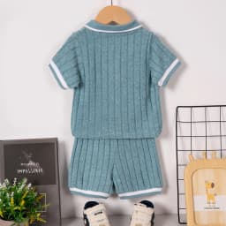 Boys' summer short-sleeved shorts set with British style collar and ribbed set for daily wear or going out