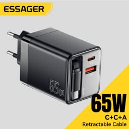 Essager 65W GaN Charger with Retractable Cable PD Fast Charging for Laptop Macbook iPhone 17 16 15 Xiaomi Type-C Phone Charger