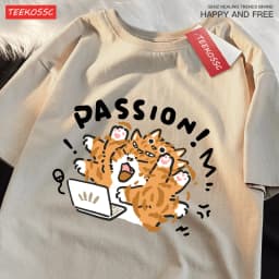 A Little Orange Cat Who Loves Work Printing Mens T Shirts Cotton All-Match T Shirt Comfortable Streetwear Unisex Soft Clothes