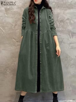 Women Autumn Corduroy Dress ZANZEA Casual Long Sleeve Buttons Up Sundress Solid Loose Holiday Vestido Kaftan Vintage Shirt Dress