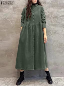 Women Autumn Corduroy Dress ZANZEA Casual Long Sleeve Buttons Up Sundress Solid Loose Holiday Vestido Kaftan Vintage Shirt Dress