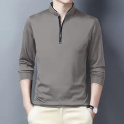 2025 Men's Casual Fashion Solid Color Long Sleeved Polo Shirt Stand Up Collar Versatile Comfortable Top