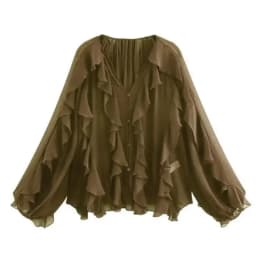 Women's Casual Ruffled Shirt Loose Lace Up Hollow Out V Neck Tops 2025 Spring Blouses Women Clothes