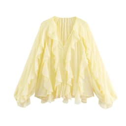 Women's Casual Ruffled Shirt Loose Lace Up Hollow Out V Neck Tops 2025 Spring Blouses Women Clothes