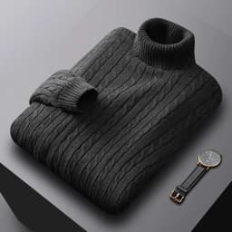 Autumn New Men's Turtleneck Jacquard Sweater Solid Color Knitted Pullover Casual Warmth High Elastic Versatile Male Sweatwear