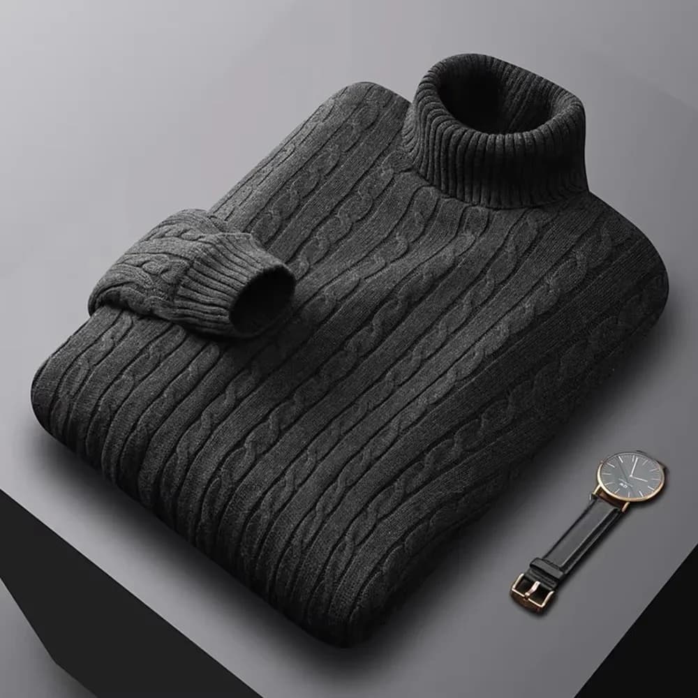 Autumn New Men's Turtleneck Jacquard Sweater Solid Color Knitted Pullover Casual Warmth High Elastic Versatile Male Sweatwear