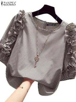 ZANZEA 2024 Casual Loose Blusas Autumn Women Blouse Vintage Ruffle Lantern 3/4 Sleeve Tops Round Neck Contrasting Checked Tunics