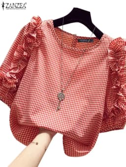 ZANZEA 2024 Casual Loose Blusas Autumn Women Blouse Vintage Ruffle Lantern 3/4 Sleeve Tops Round Neck Contrasting Checked Tunics