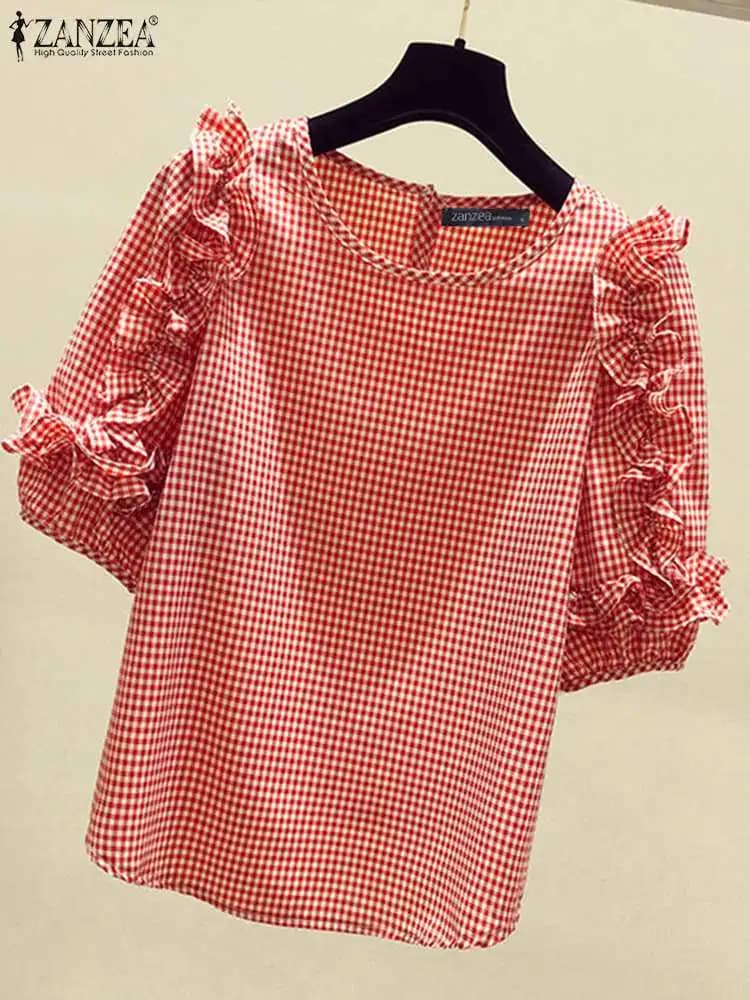 ZANZEA 2024 Casual Loose Blusas Autumn Women Blouse Vintage Ruffle Lantern 3/4 Sleeve Tops Round Neck Contrasting Checked Tunics