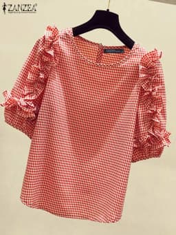 ZANZEA 2024 Casual Loose Blusas Autumn Women Blouse Vintage Ruffle Lantern 3/4 Sleeve Tops Round Neck Contrasting Checked Tunics