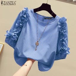 ZANZEA 2024 Casual Loose Blusas Autumn Women Blouse Vintage Ruffle Lantern 3/4 Sleeve Tops Round Neck Contrasting Checked Tunics