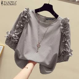 ZANZEA 2024 Casual Loose Blusas Autumn Women Blouse Vintage Ruffle Lantern 3/4 Sleeve Tops Round Neck Contrasting Checked Tunics