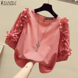 ZANZEA 2024 Casual Loose Blusas Autumn Women Blouse Vintage Ruffle Lantern 3/4 Sleeve Tops Round Neck Contrasting Checked Tunics