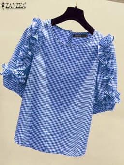 ZANZEA 2024 Casual Loose Blusas Autumn Women Blouse Vintage Ruffle Lantern 3/4 Sleeve Tops Round Neck Contrasting Checked Tunics