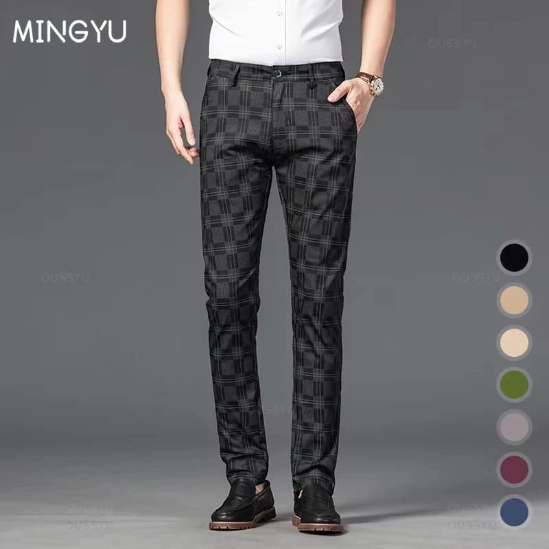 2024 New Men's Casual Plaid Pants Business Casual Slim Fit Black Blue Red Khaki Classic Style Trousers Male Brand Luxury Clothes