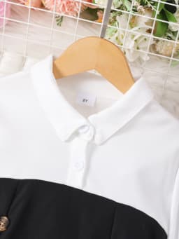 Girls Autumn Long-Sleeved Lapel Button Fashion Stitching Contrast Color Dress
