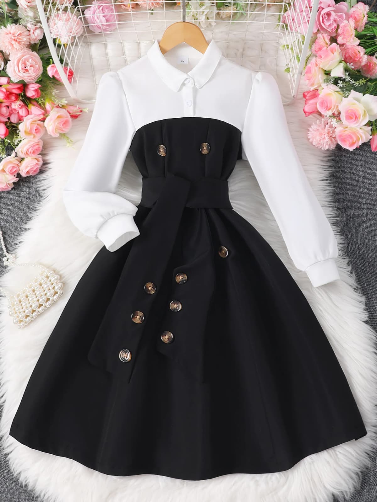Girls Autumn Long-Sleeved Lapel Button Fashion Stitching Contrast Color Dress