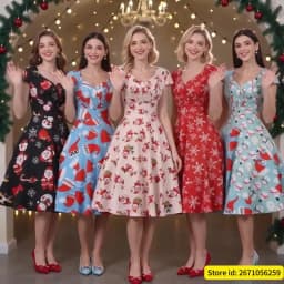 Fashion V-neck Short Sleeve Printed Christmas Dress Large Swing Vintage Elegant Xmas Party Dress