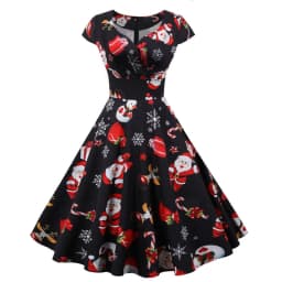 Fashion V-neck Short Sleeve Printed Christmas Dress Large Swing Vintage Elegant Xmas Party Dress