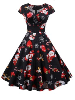 Fashion V-neck Short Sleeve Printed Christmas Dress Large Swing Vintage Elegant Xmas Party Dress