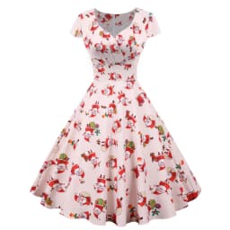 Fashion V-neck Short Sleeve Printed Christmas Dress Large Swing Vintage Elegant Xmas Party Dress