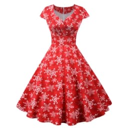 Fashion V-neck Short Sleeve Printed Christmas Dress Large Swing Vintage Elegant Xmas Party Dress