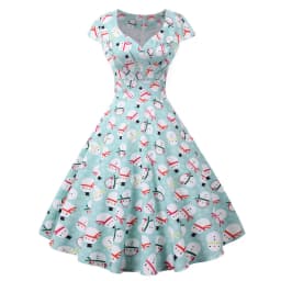 Fashion V-neck Short Sleeve Printed Christmas Dress Large Swing Vintage Elegant Xmas Party Dress