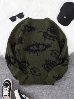 New Popular Autumn and Winter Abstract Eye Jacquard Pattern Pullover Sweater Casual Round Neck Knitted Men's Pullover