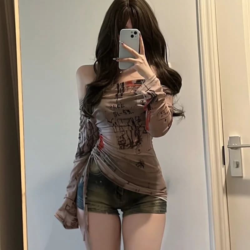 Long-Sleeved T-Shirt Spicy Girl Style One Shoulder Women's Thin Mesh Screen Graffiti Print Irregular Drawstring Top