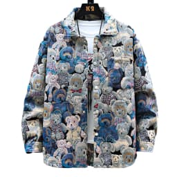Men Teddy Bear 3/4 Sleeve Jacket Fashion Animal Pattern Coat Jacquard Woven Top Outerwear