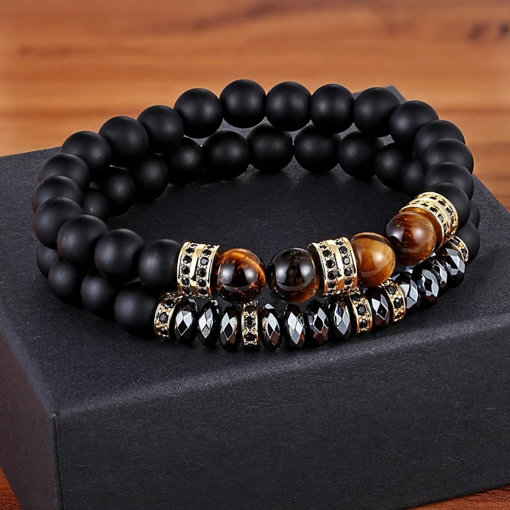 TYO Marble Tiger Eye Matte Onyx Stone Beads Cubic Zirconia Hand Jewelry Accessories Elastic Stretch Men Bracelet Birthday Gift