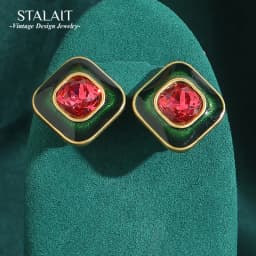 Vintage Crystal Square stud earrings for women retro Modern Bohemian Green Enamel Sugar Pink Korean Ear Rings Jewelry 2024