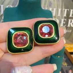 Vintage Crystal Square stud earrings for women retro Modern Bohemian Green Enamel Sugar Pink Korean Ear Rings Jewelry 2024