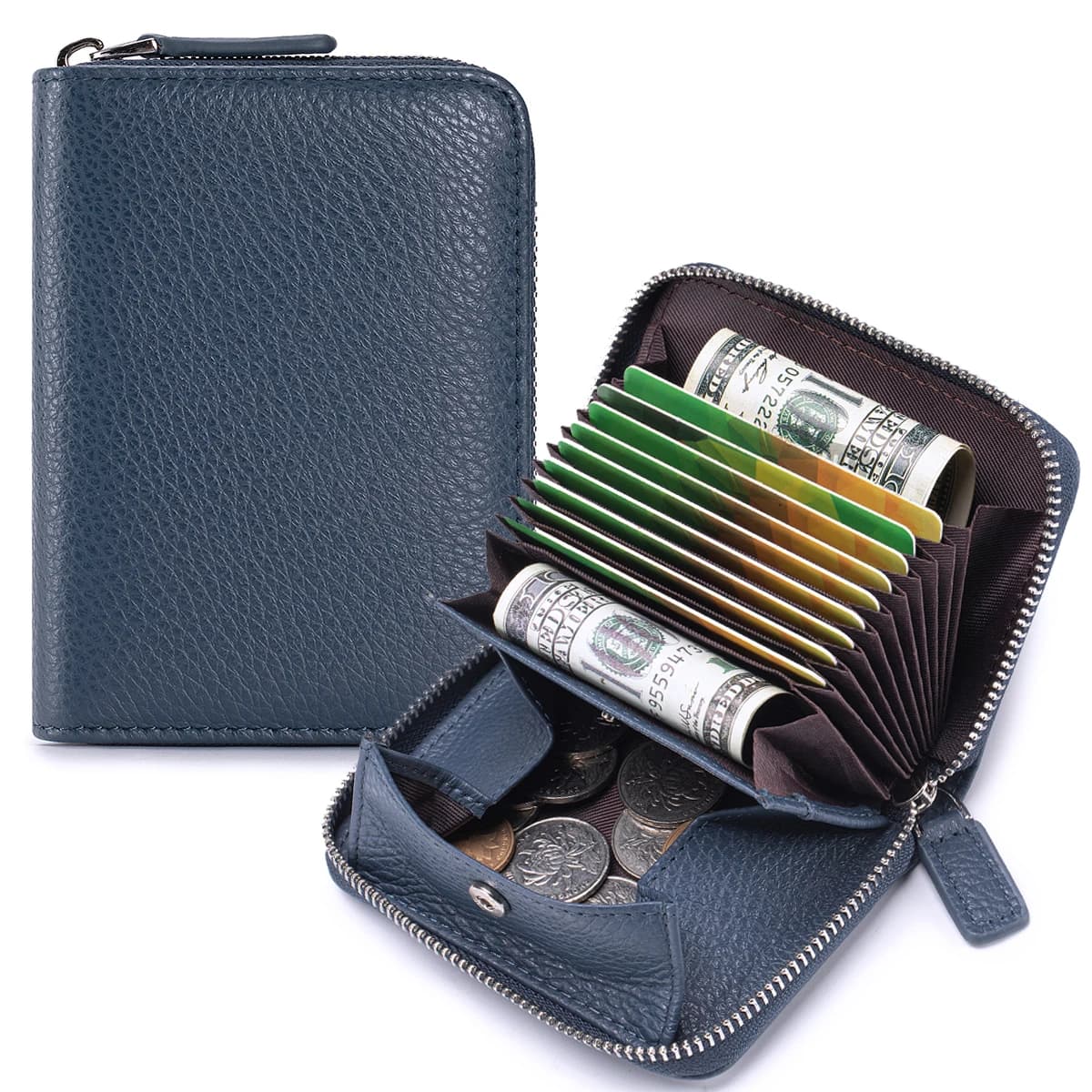 Genuine Leather Small Accordion Card Cases Holder For Women RFID Blocking Zipper Credit Card Wallet with Coin Pouch 2 Cash Slot