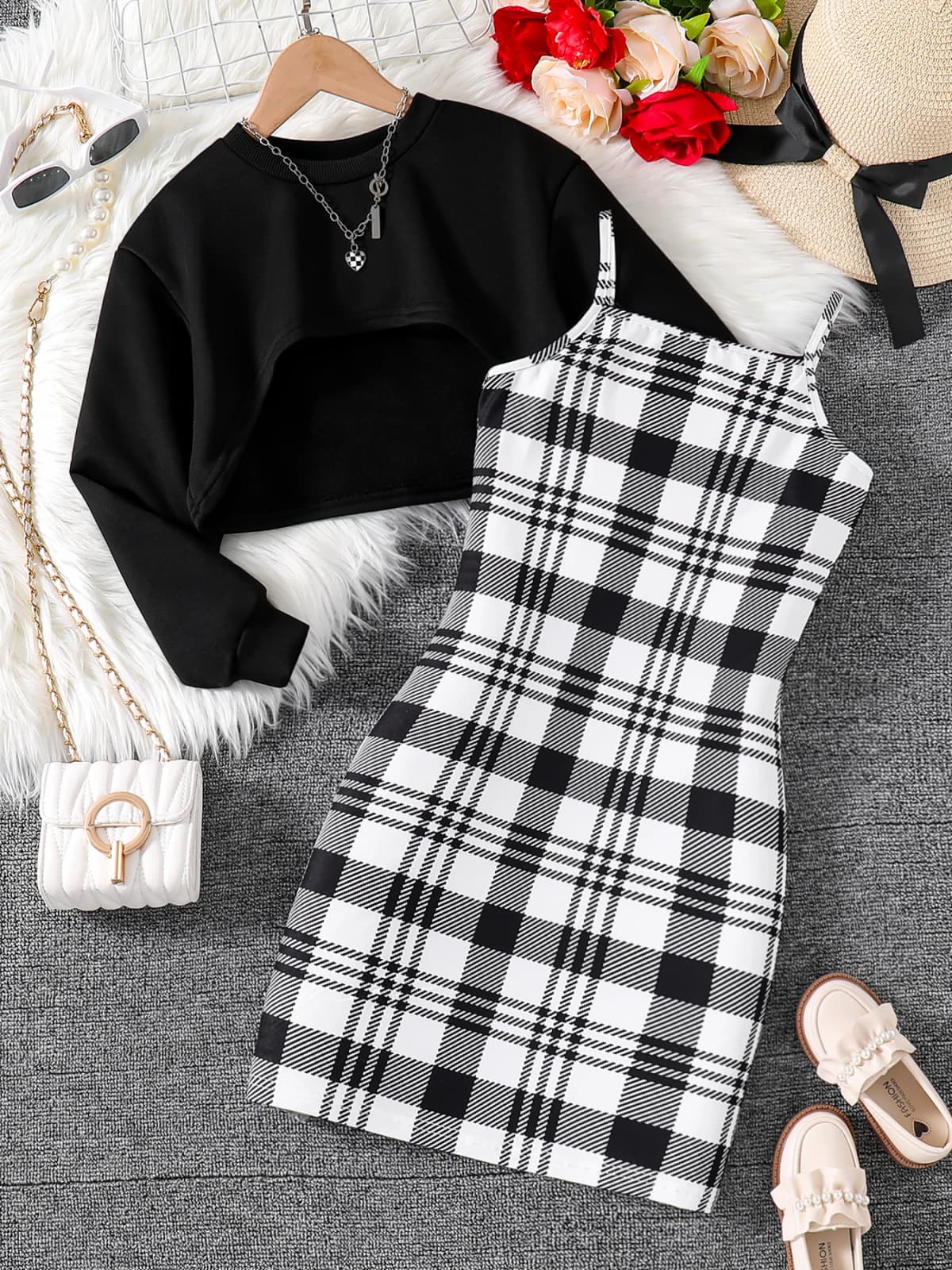 Spring and Autumn Girl Cute Fashion Outdoor Casual 2-Piece Round Neck Long Sleeve Top + Sleeveless Plaid Dress Set