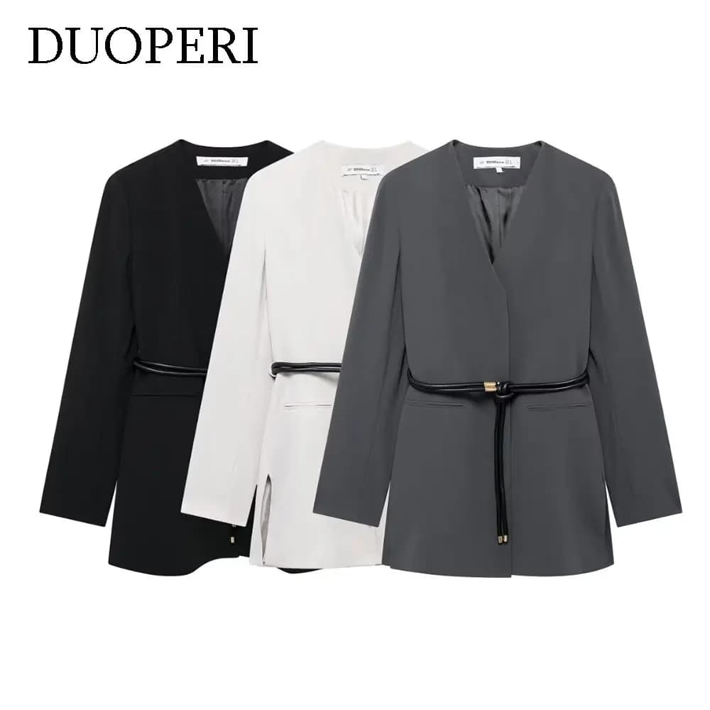 DUOPERI Women Solid Blazer With Belt V-Neck Long Sleeves Female Chic Lady Casual Outfits