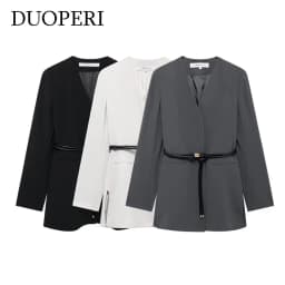 DUOPERI Women Solid Blazer With Belt V-Neck Long Sleeves Female Chic Lady Casual Outfits