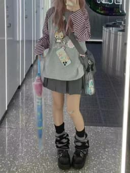 Grey Pink Striped Panda Print Long Sleeve Shirts Y2k Cartoon Japanese Harajuku Kawaii Loose Hoodie Women Spring New Tees