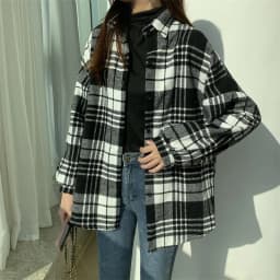 Flannel Plaid Shirt Women Long Sleeve Collared Button Down Oversized Check Blouse Shacket Female Street Style Casual Outfit