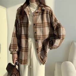 Flannel Plaid Shirt Women Long Sleeve Collared Button Down Oversized Check Blouse Shacket Female Street Style Casual Outfit