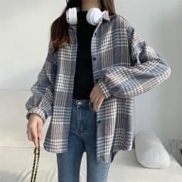 Flannel Plaid Shirt Women Long Sleeve Collared Button Down Oversized Check Blouse Shacket Female Street Style Casual Outfit