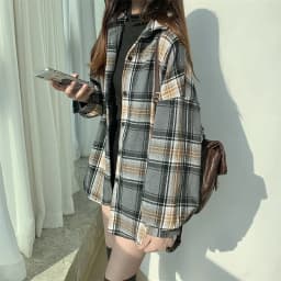 Flannel Plaid Shirt Women Long Sleeve Collared Button Down Oversized Check Blouse Shacket Female Street Style Casual Outfit