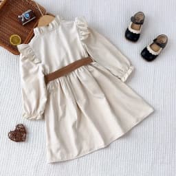 Autumn Plain Long Sleeved Stand Collar Tied Dress Solid Color Kids Dresses for Girls Daily Casual Clothes 3-7 Years Old