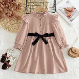 Autumn Plain Long Sleeved Stand Collar Tied Dress Solid Color Kids Dresses for Girls Daily Casual Clothes 3-7 Years Old