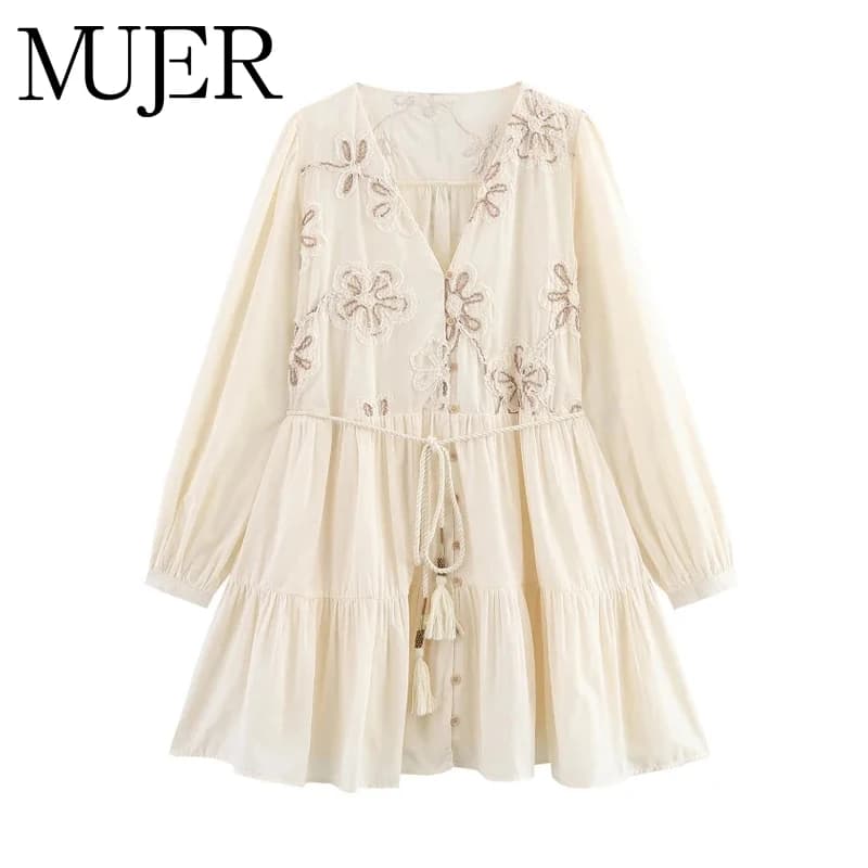 MUJER Flower Embroidered Mini Dress Women Tassel Pleated Short Dresses for Woman Summer Beach Women's Dress Boho Dress Woman