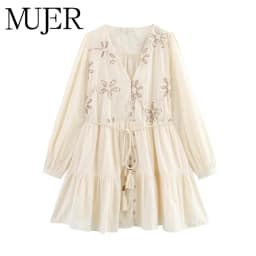 MUJER Flower Embroidered Mini Dress Women Tassel Pleated Short Dresses for Woman Summer Beach Women's Dress Boho Dress Woman