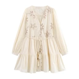 MUJER Flower Embroidered Mini Dress Women Tassel Pleated Short Dresses for Woman Summer Beach Women's Dress Boho Dress Woman