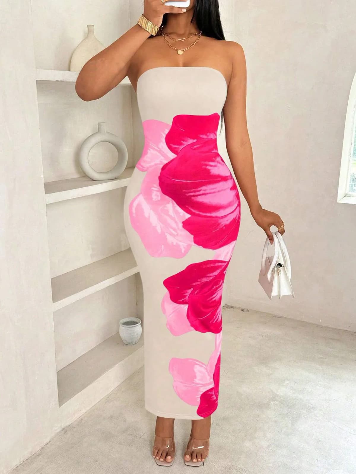 Women's fashion ins sexy ethos elegant slim-fit print with chest spread and slit bag buttock long dress